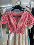 Ladies Cute Gingham Lace Border Puff Sleeves Crop Tops